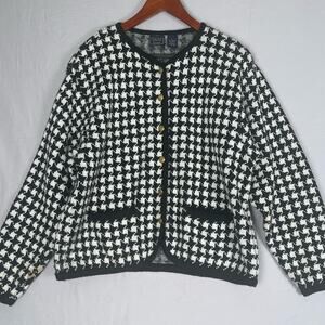 Vintage Houndstooth Knit Cardigan Sweater Lady Jacket Women’s Large Black White